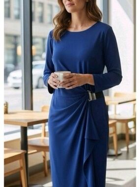 Michael Kors Royal Blue Long-Sleeve Draped Midi Dress with Buckle